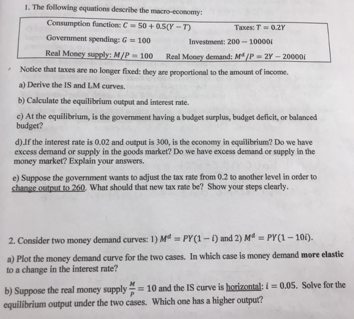 Solved 1. The Following Equations Describe The Macro-economy | Chegg.com