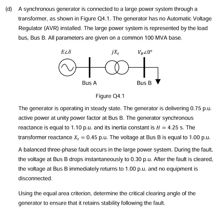 Solved (d) ﻿A synchronous generator is connected to a large | Chegg.com