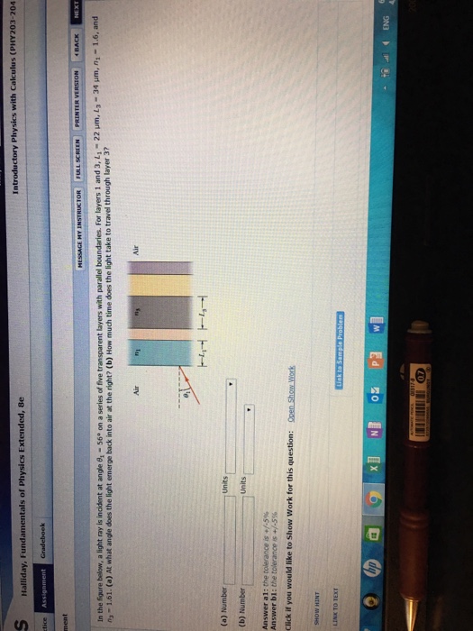 Solved in the figure below, a light ray is incident at an | Chegg.com