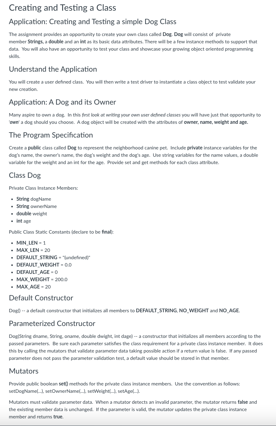 Solved Application: Creating and Testing a simple Dog Class | Chegg.com