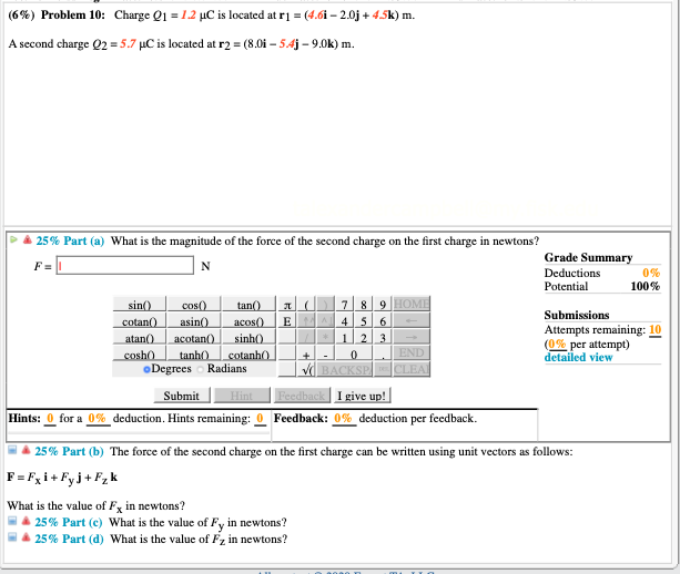 Solved 6 Problem 10 Charge Q1 12 Uc Is Located At R Chegg Com