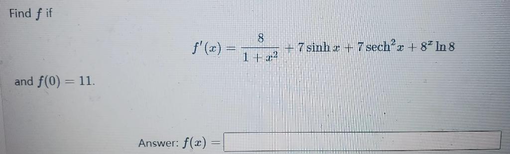 Solved Find f if f′(x)=1+x28+7 and f(0)=11. Answer: f(x)= | Chegg.com