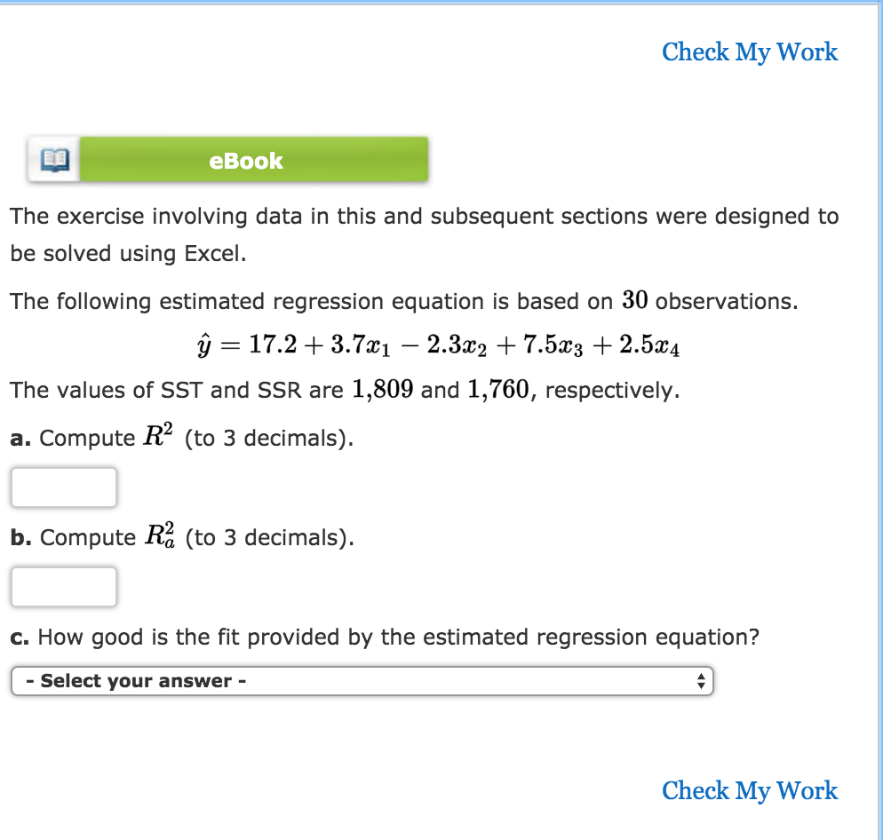 Solved Check My Work eBook The exercise involving data in | Chegg.com