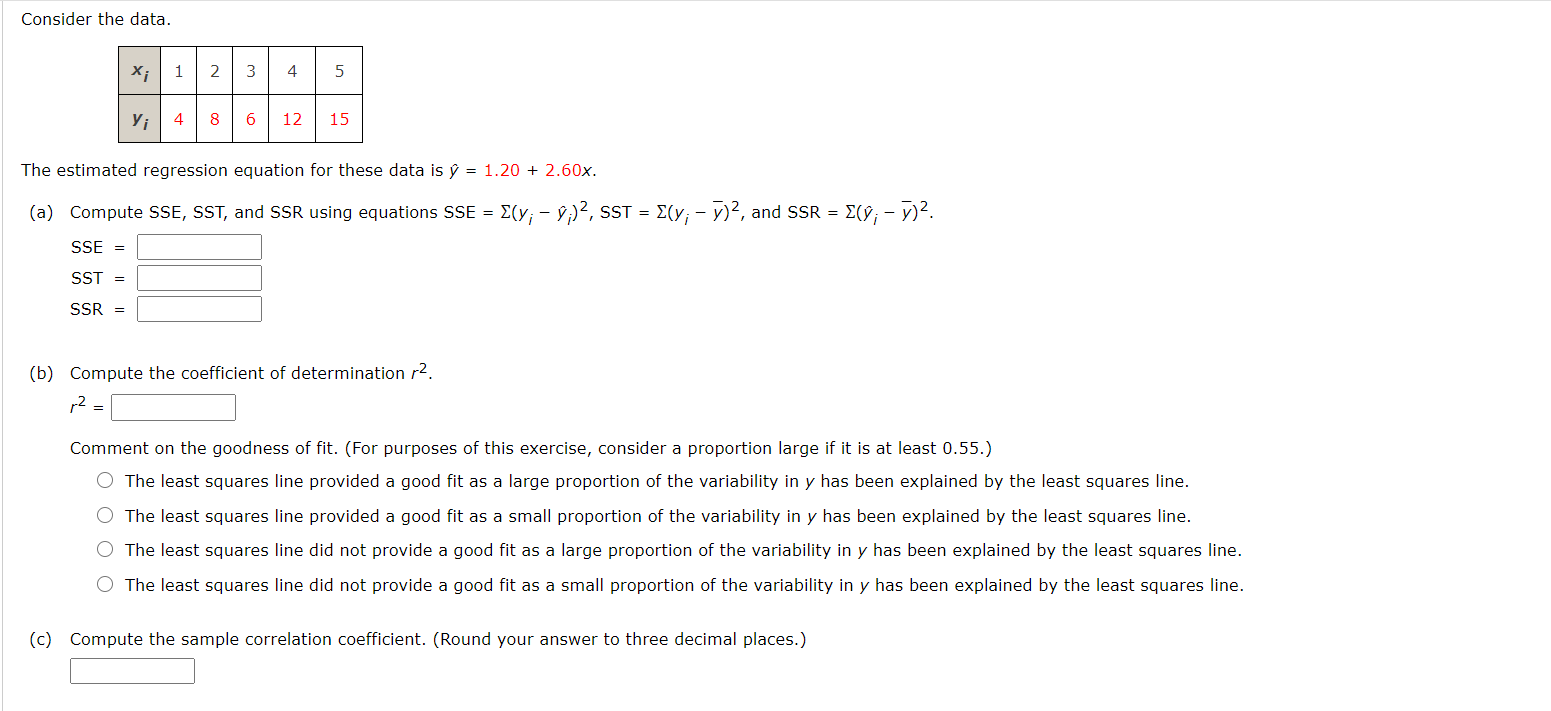 Solved Consider the data. X; 1 2 3 4 5 yi 4 8 6 12 15 The | Chegg.com