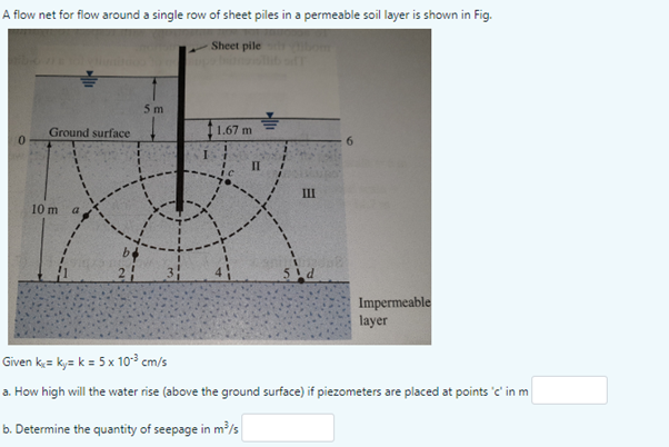 A flow net for flow around a single row of sheet piles in a permeable soil layer is shown in Fig.
Sheet pile
5m
Ground surfac