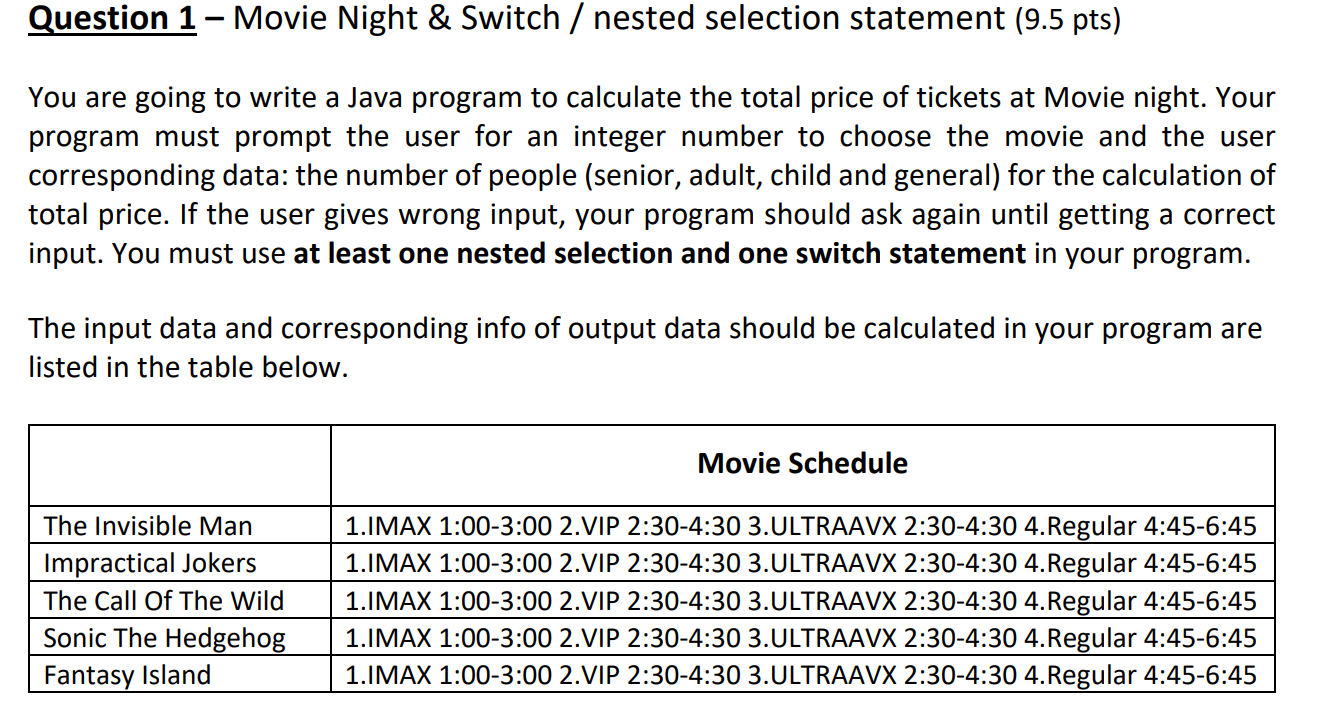 Solved Question 1 - Movie Night & Switch / nested selection | Chegg.com