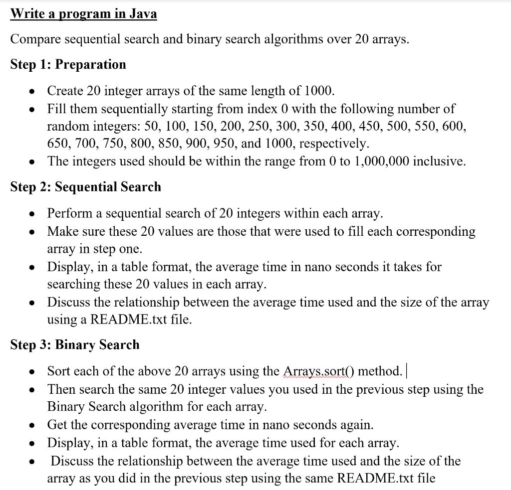 Solved Write a program in Java Compare sequential search and | Chegg.com