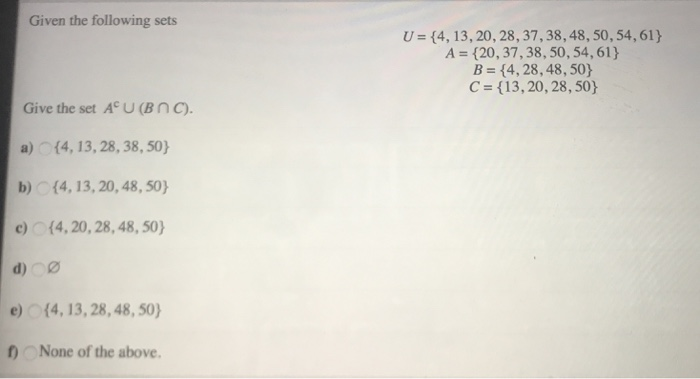 Solved Given the following sets U 14,13, 20, 28, 37,38,48, | Chegg.com