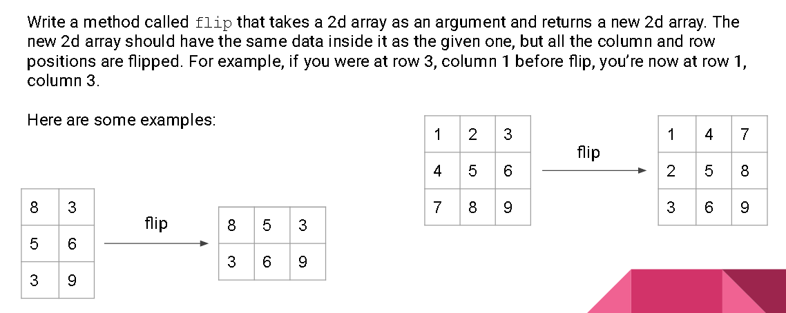 Solved Write a method called flip that takes a 2d array as | Chegg.com