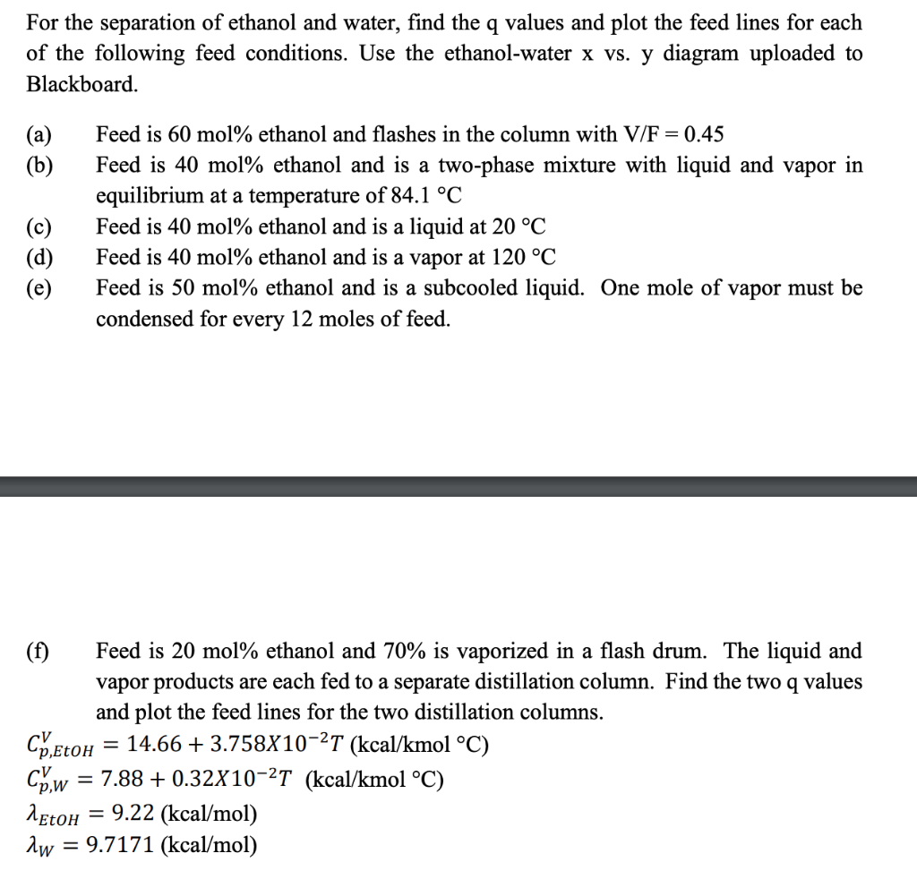 For the separation of ethanol and water, find the q | Chegg.com