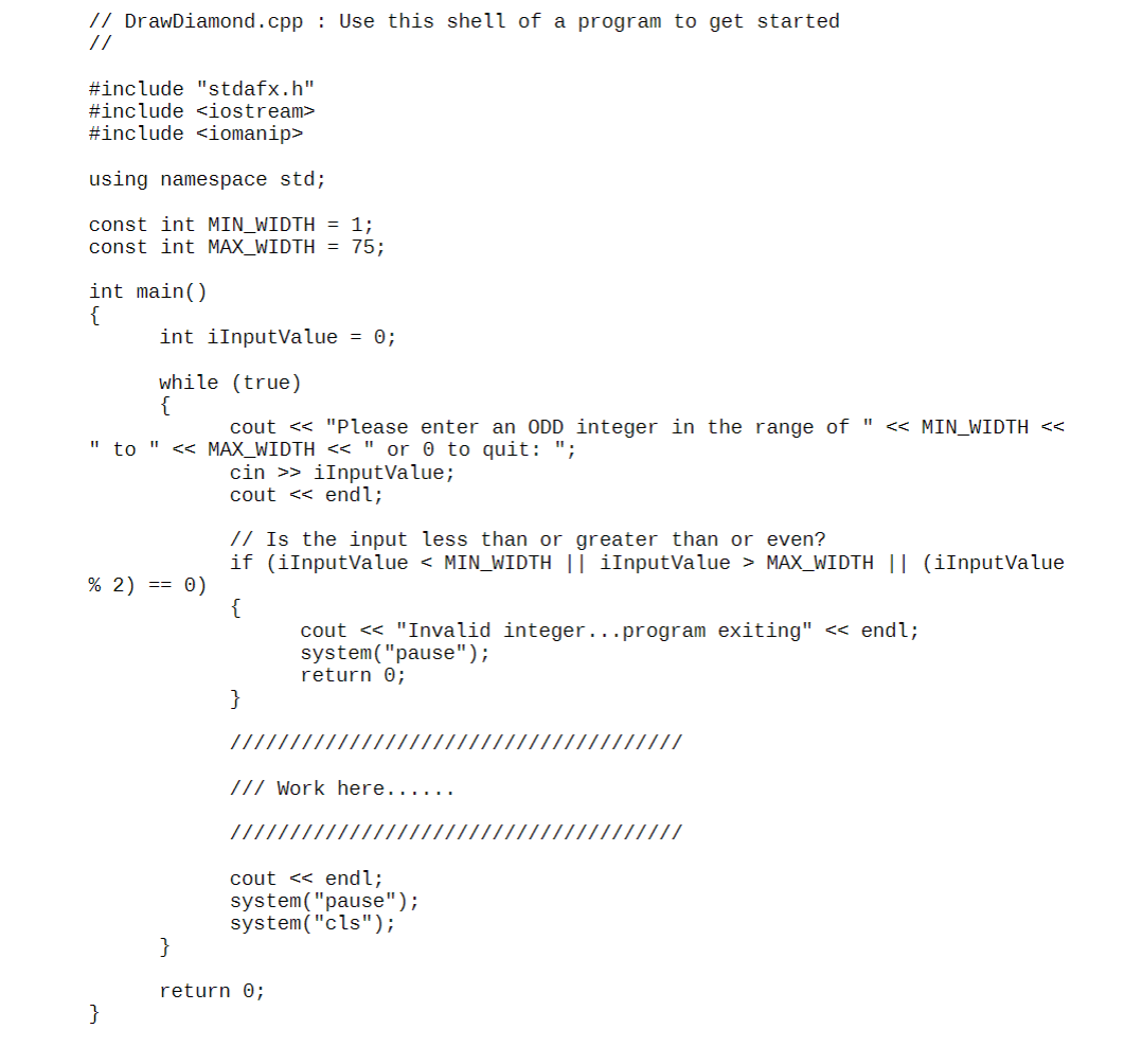 Solved Create a program that draws a diamond shape onto the | Chegg.com