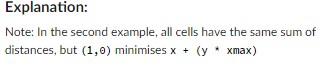 Explanation:
Note: In the second example, all cells have the same sum of distances, but \( (1, \theta) \) minimises \( x+(y *