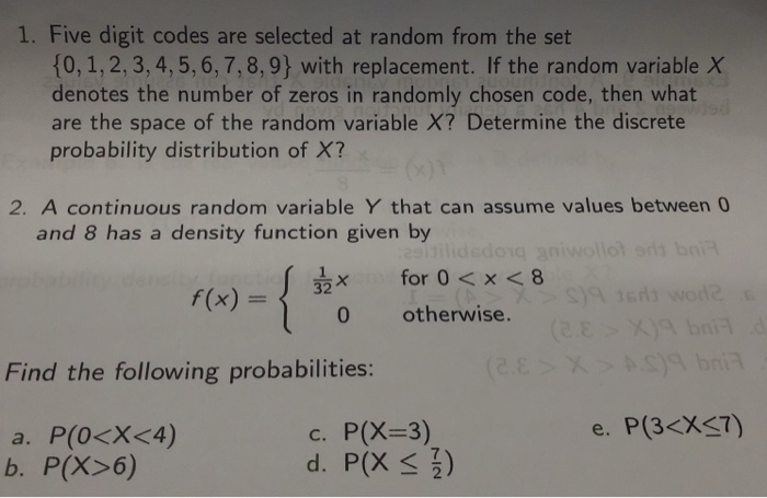 Solved 1. Five digit codes are selected at random from the | Chegg.com