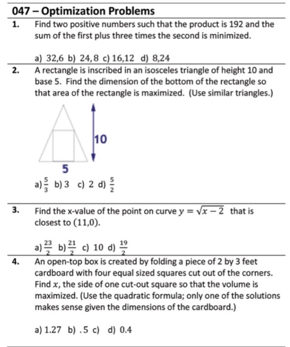 Solved 047 Optimization Problems 1. Find two positive | Chegg.com