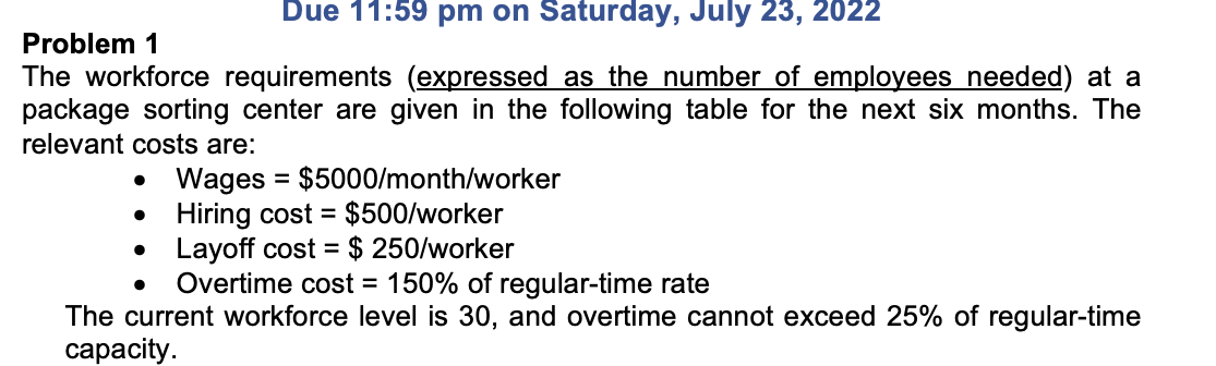 Solved Problem 1 The workforce requirements (expressed as | Chegg.com