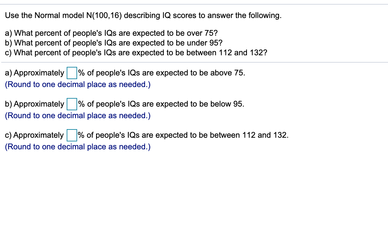 Solved Use The Normal Model N(100,16) Describing IQ Scores | Chegg.com