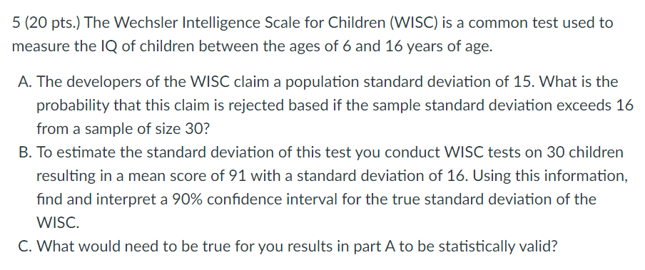 Solved 5 (20 pts.) The Wechsler Intelligence Scale for | Chegg.com