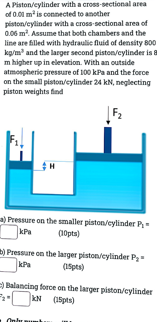 A Piston/cylinder with a cross-sectional area
of 0.01 m² is connected to another
piston/cylinder with a cross-sectional area 