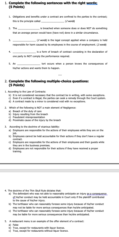 Solved 1. Complete the following sentences with the right | Chegg.com