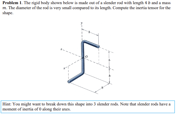 Problem 1. The rigid body shown below is made out of a slender rod with length \( 4 b \) and a mass \( m \). The diameter of