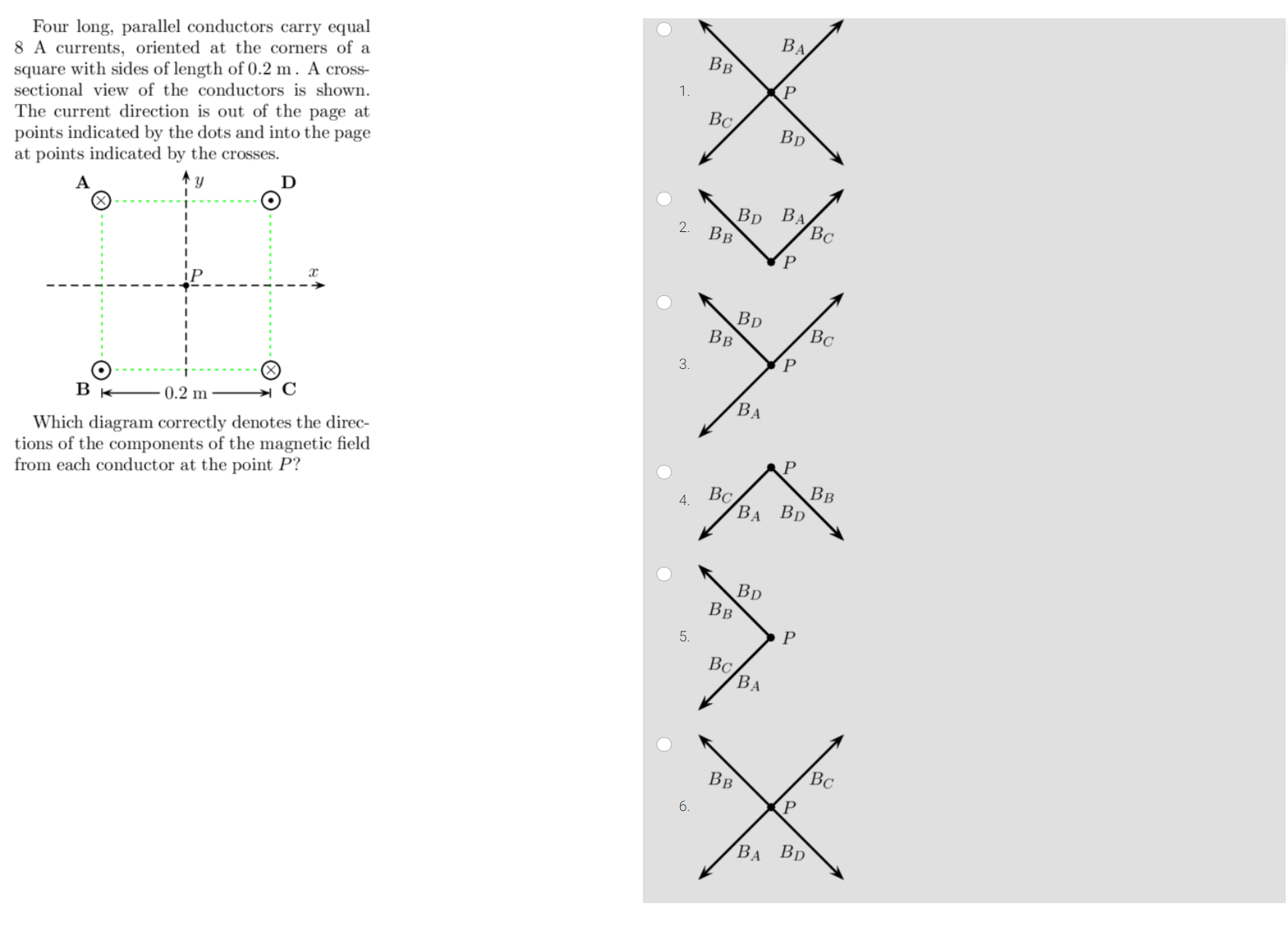 Solved Four long, parallel conductors carry equal 8 A | Chegg.com
