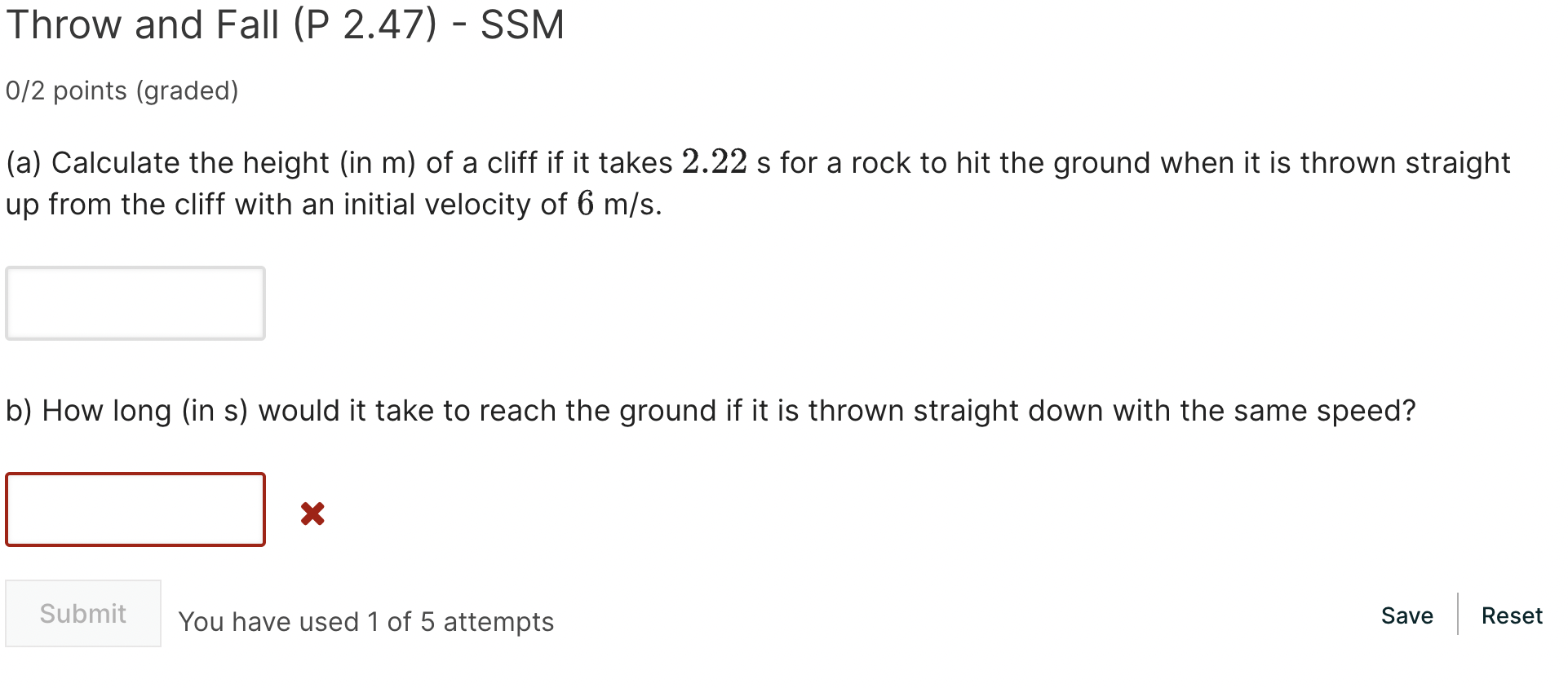 Solved Throw and Fall (P 2.47) - SSM 0/2 points (graded) (a) | Chegg.com