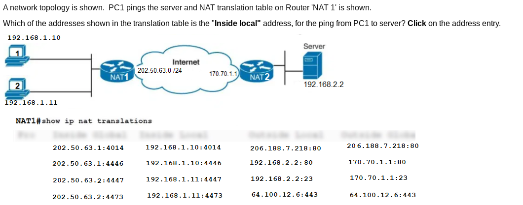 Solved A network topology is shown. PC1 pings the server and | Chegg.com