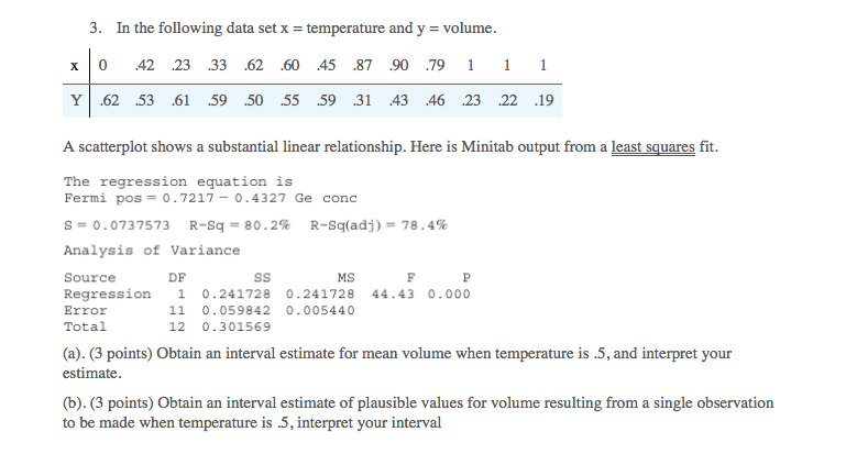 Solved 3. In the following data set x = temperature and y = | Chegg.com