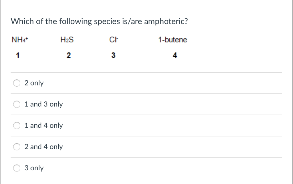 Solved Which of the following species is/are amphoteric? | Chegg.com