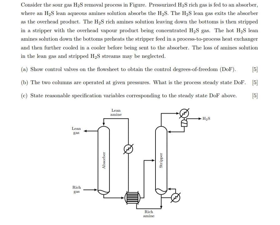 Solved Consider The Sour Gas H2s Removal Process In Figure