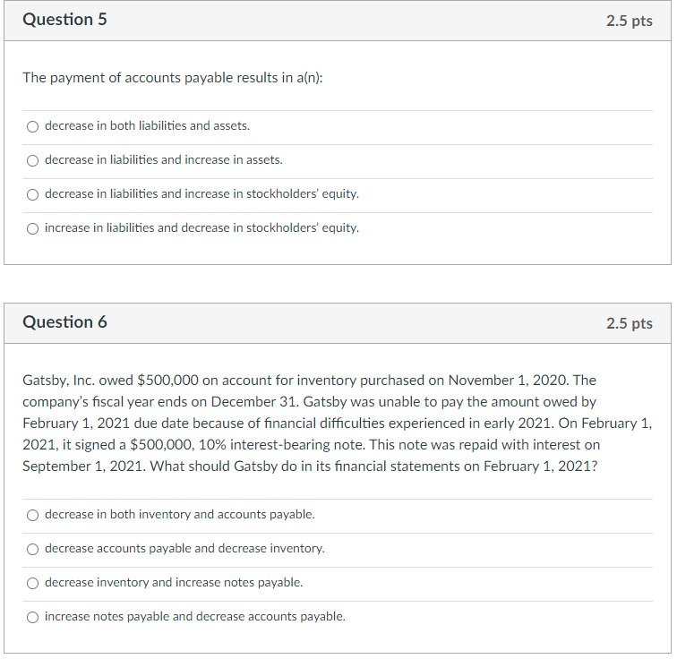 Solved Question 5 2.5 pts The payment of accounts payable | Chegg.com