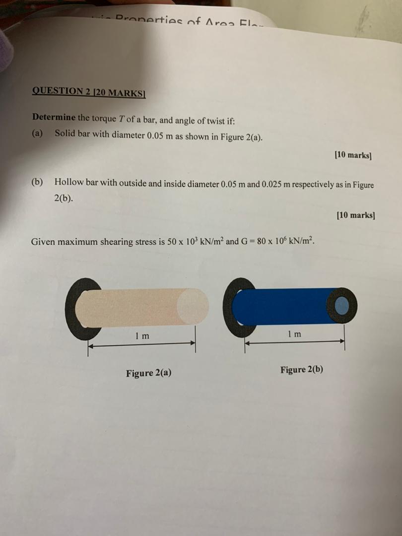 QUESTION 2 [20 MARKS]
Determine the torque \( T \) of a bar, and angle of twist if:
(a) Solid bar with diameter \( 0.05 \math