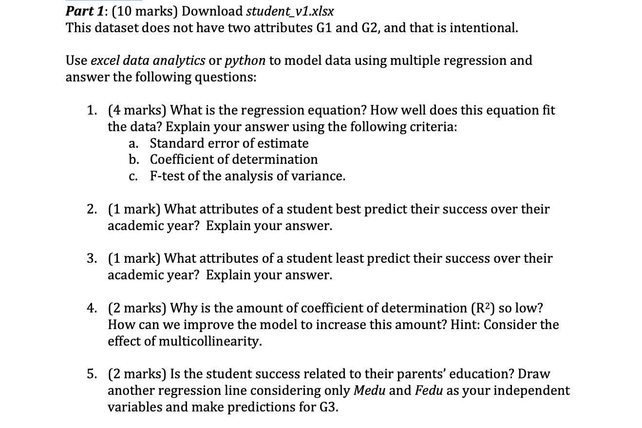 Solved Part 1: (10 marks) Download student_v1.xlsx This | Chegg.com