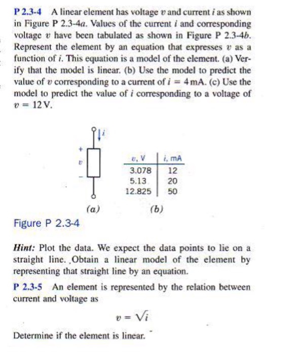 Solved P2.3-4 A linear element has voltage v and current i | Chegg.com