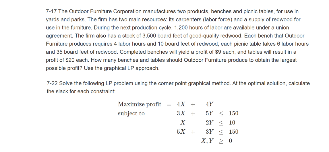 Solved 7-17 The Outdoor Furniture Corporation manufactures | Chegg.com