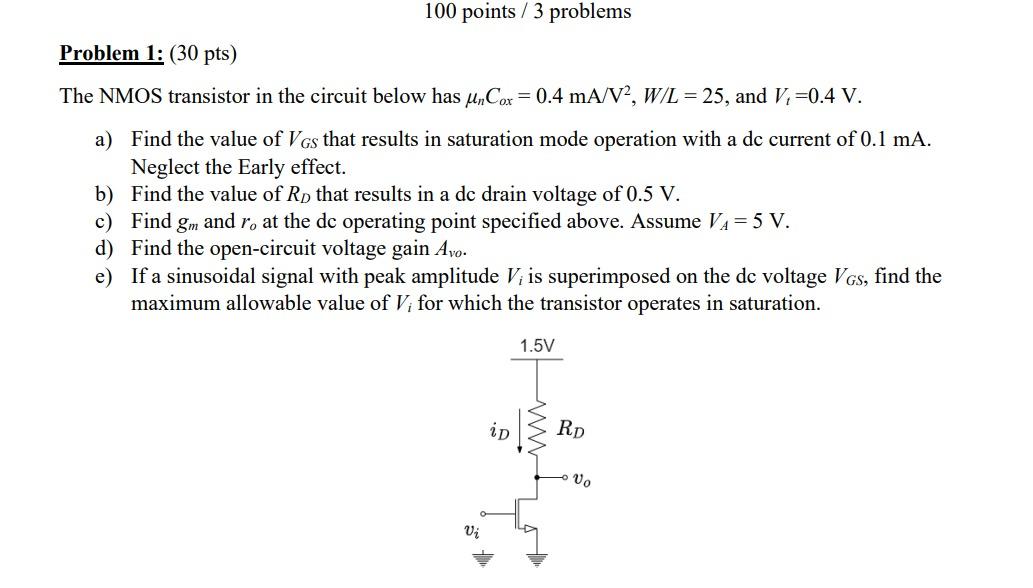 Solved 100 Points / 3 Problems Problem 1: (30 Pts) The NMOS | Chegg.com