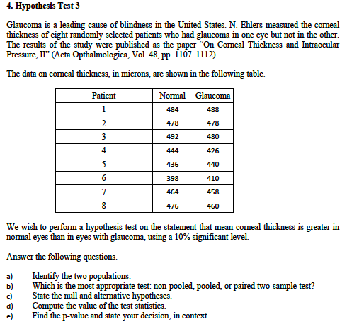 Solved 4. Hypothesis Test 3 Glaucoma is a leading cause of | Chegg.com