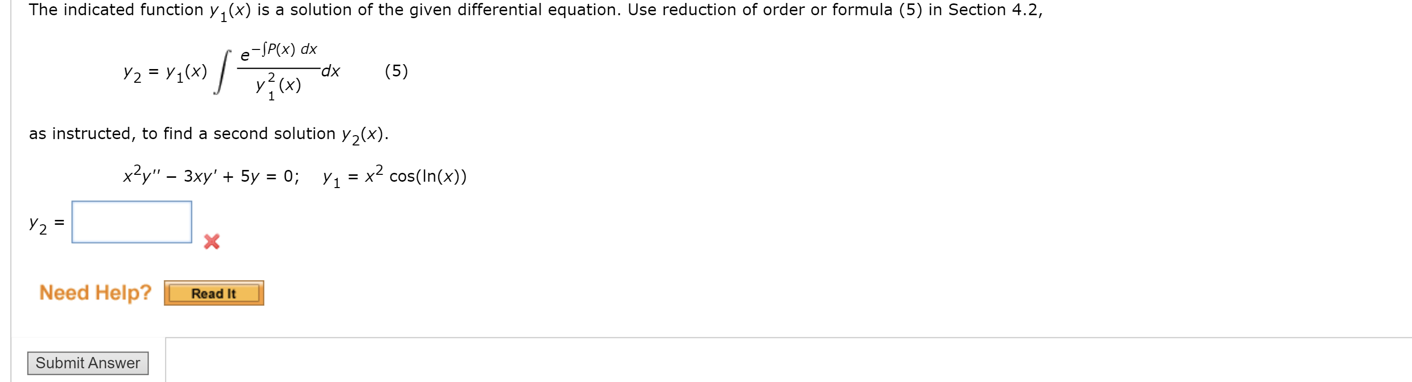 Solved The indicated function y1(x) is a solution of the | Chegg.com