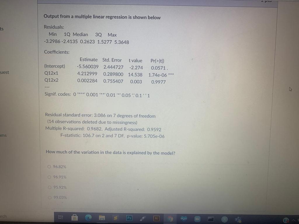 Solved Output from a multiple linear regression is shown | Chegg.com
