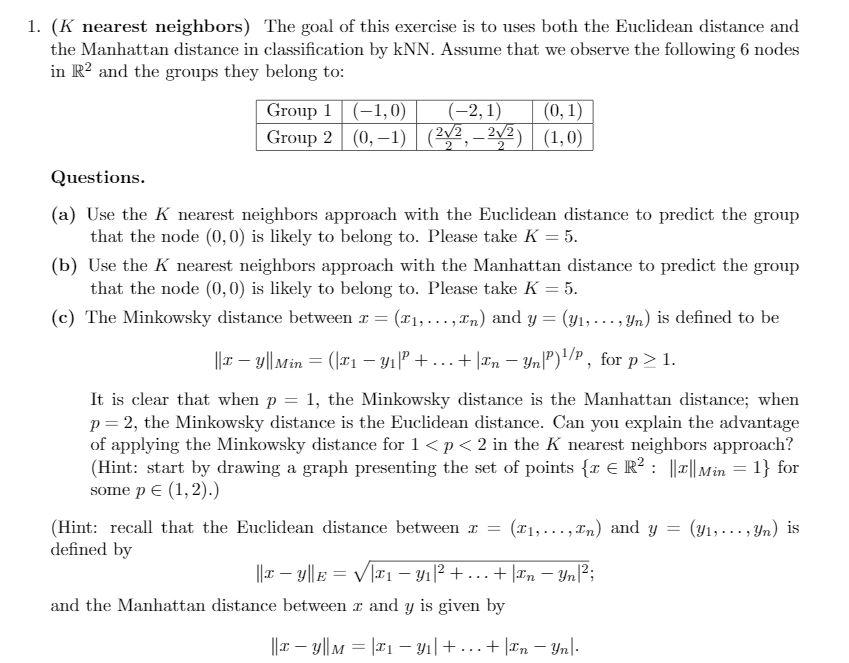 Solved 1. (K nearest neighbors) The goal of this exercise is | Chegg.com