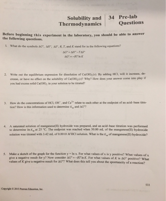 Solved Solubility And 34 Prelab Thermodynamics Questions...