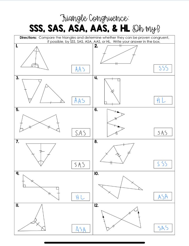 Free High School Geometry Sss Sas Asa Aas Math Worksheets