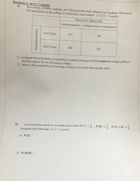 Solved Question 3: (4+3-7 marks) 1) In a survey of MBA | Chegg.com