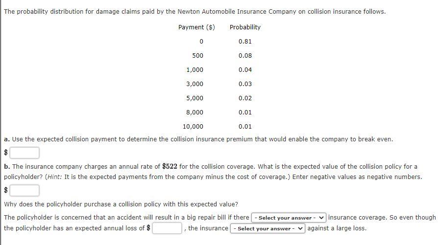 Solved The probability distribution for damage claims paid | Chegg.com