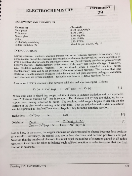 Solved EXPERIMENT ELECTROCHEMISTRY 29 EQUIPMENT AND | Chegg.com