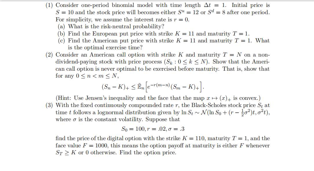 Solved (1) Consider One-period Binomial Model With Time 