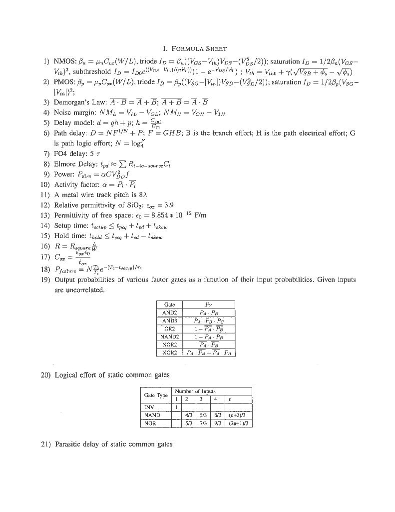 Solved I. FORMULA SHEET 1) NMOS: Br = HyCruz(W/L), triode ip | Chegg.com