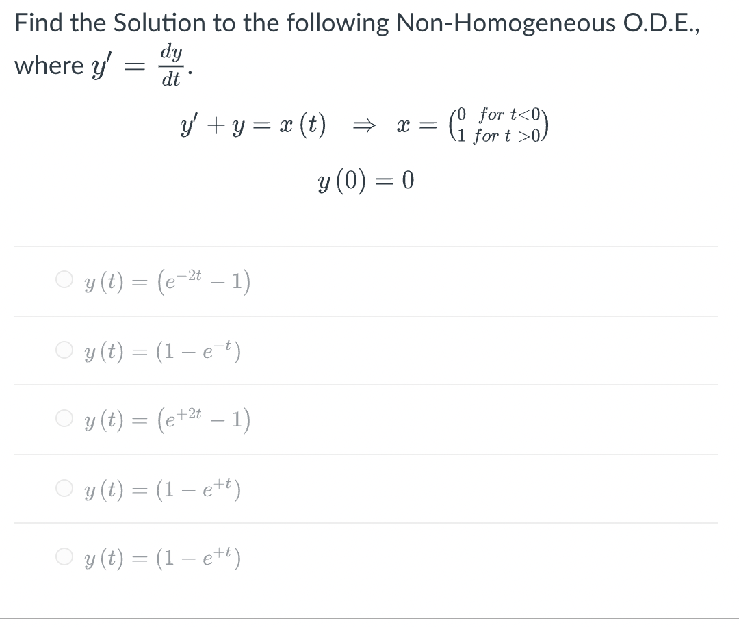 Find the Solution to the following Non-Homogeneous O.D.E., where \( y^{\prime}=\frac{d y}{d t} \). \[ \begin{array}{l} y(0)=0