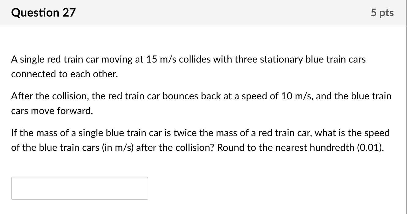 Solved A single red train car moving at 15 m/s collides with | Chegg.com