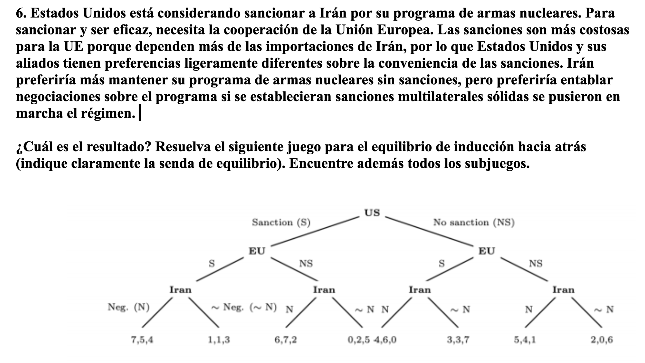 6. Estados Unidos está considerando sancionar a Irán por su programa de armas nucleares. Para sancionar y ser eficaz, necesit